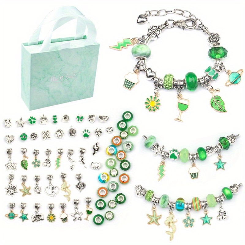Christmas Charm Bracelet Jewelry Making Kit Green Themed Beads DIY Craft Set